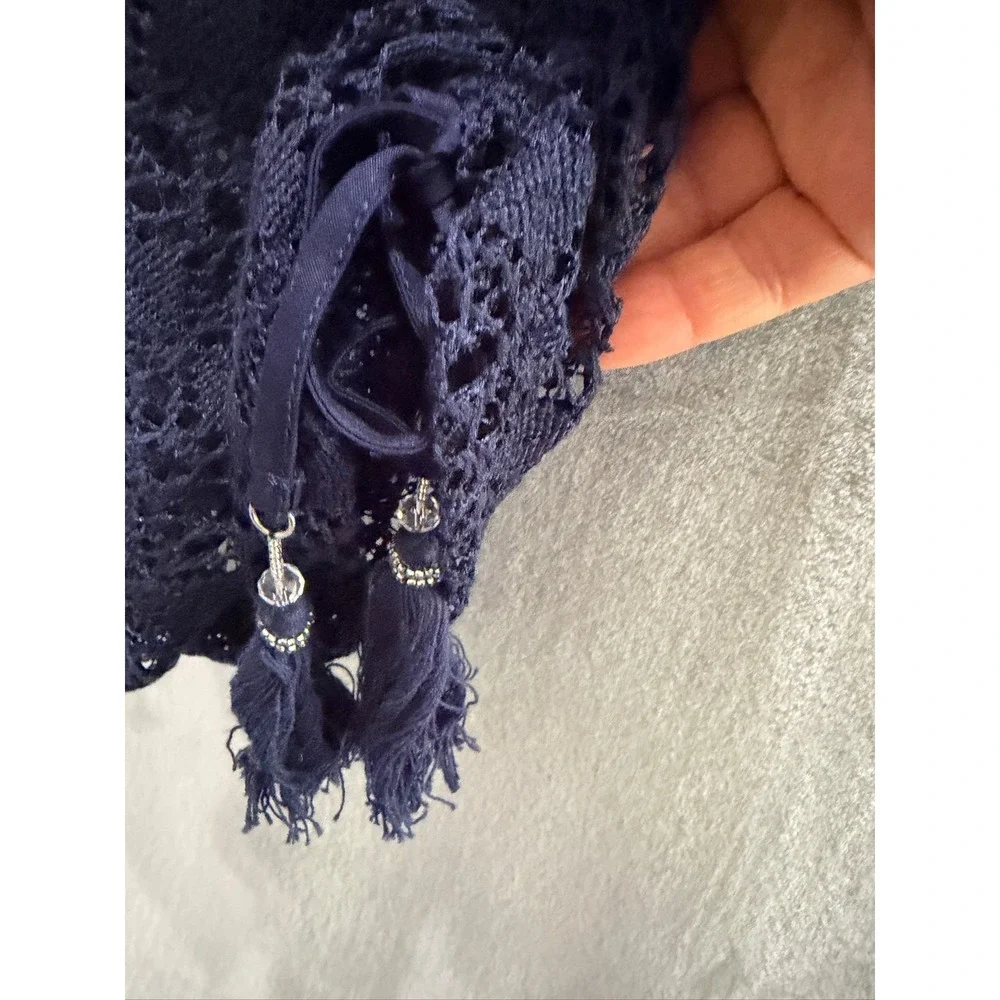 NWT 1.STATE Beach Cover Up Dress Womens Navy Crochet Tassel Ruched XS $59